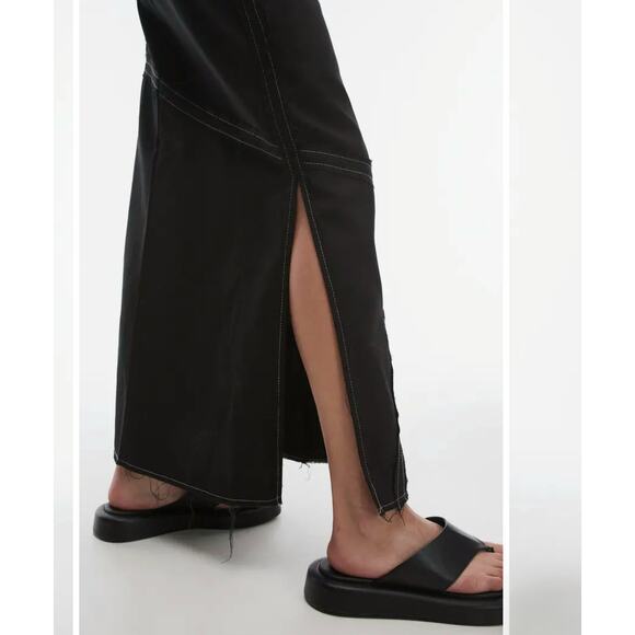 Topshop Asos Raw Edge Maxi Skirt Black Twill Topstitch Sz 10 Frayed Cotton Zip - Picture 3 of 15